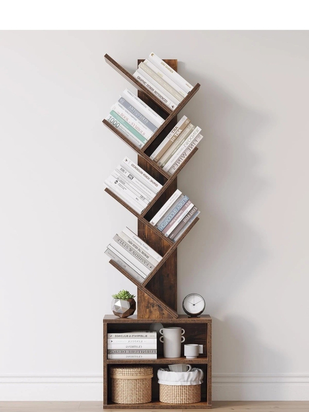 SUNMORY 6 Tier Tree Bookshelf, Small Bookcase with Storage Cabinet